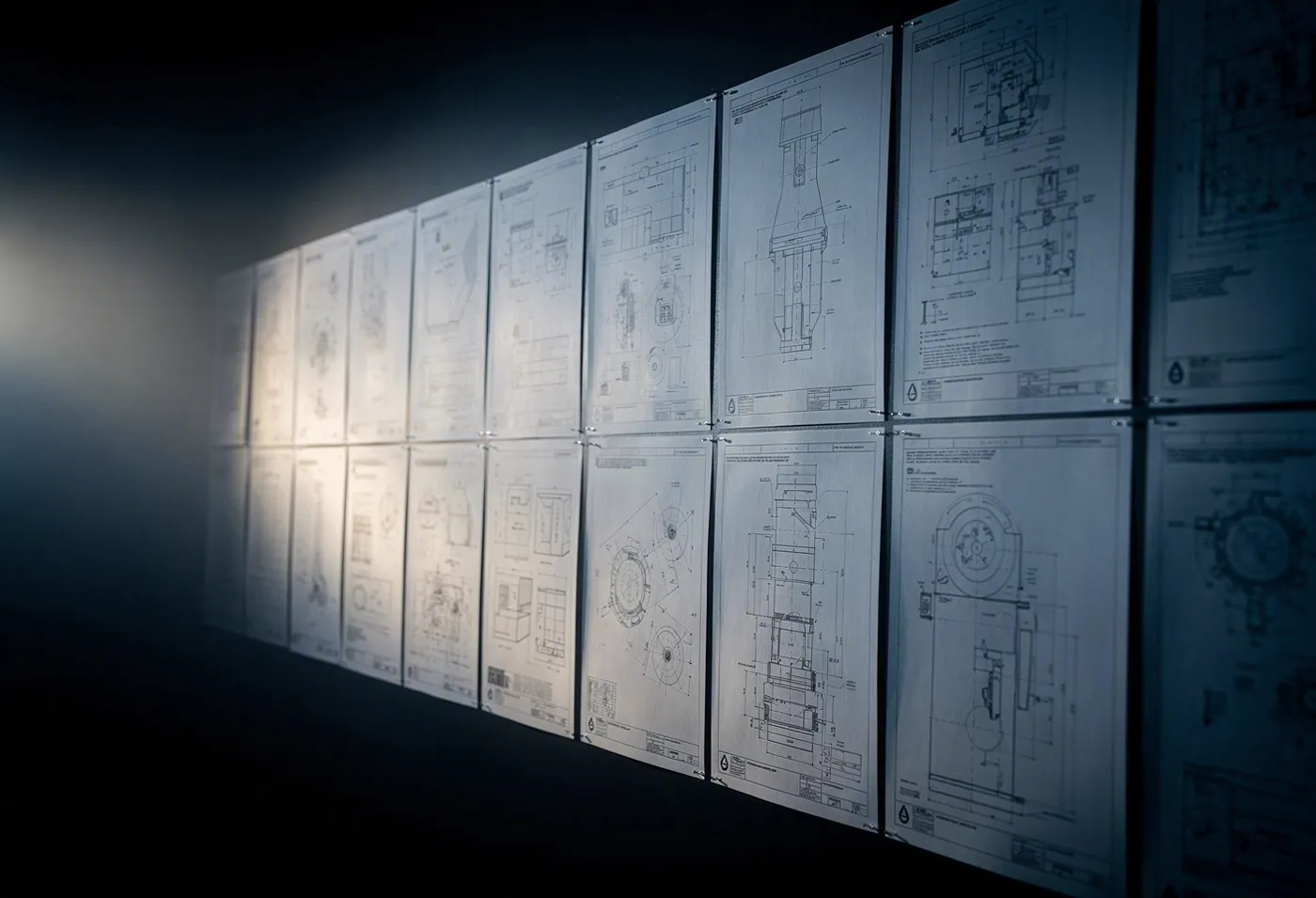 A full set of engineering drawing sheets on a review wall