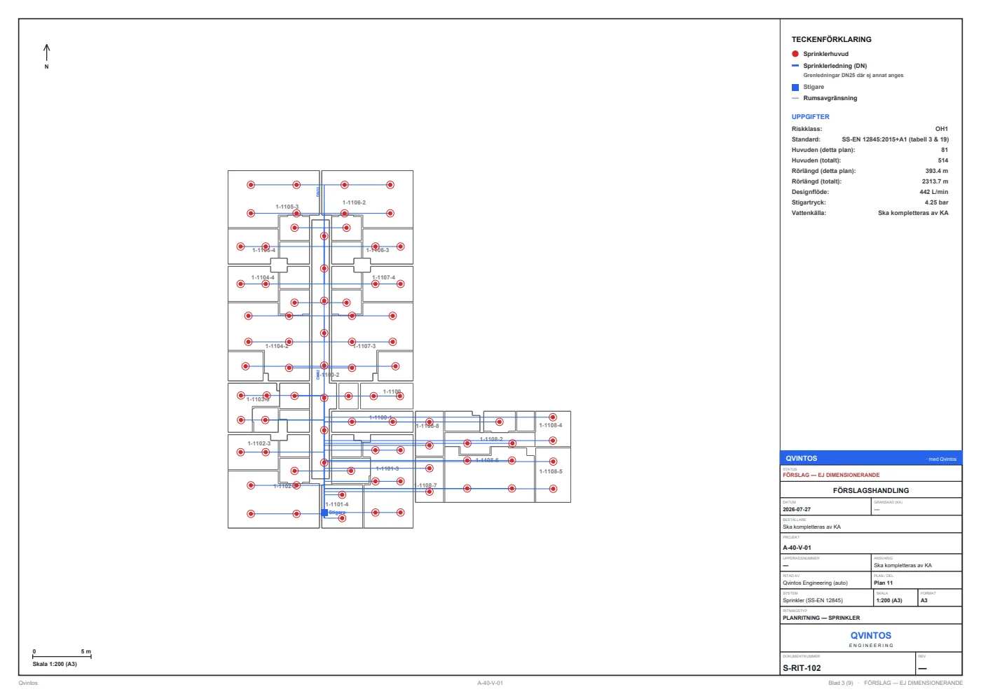A sprinkler floor-plan sheet with title block, legend and quantity panel