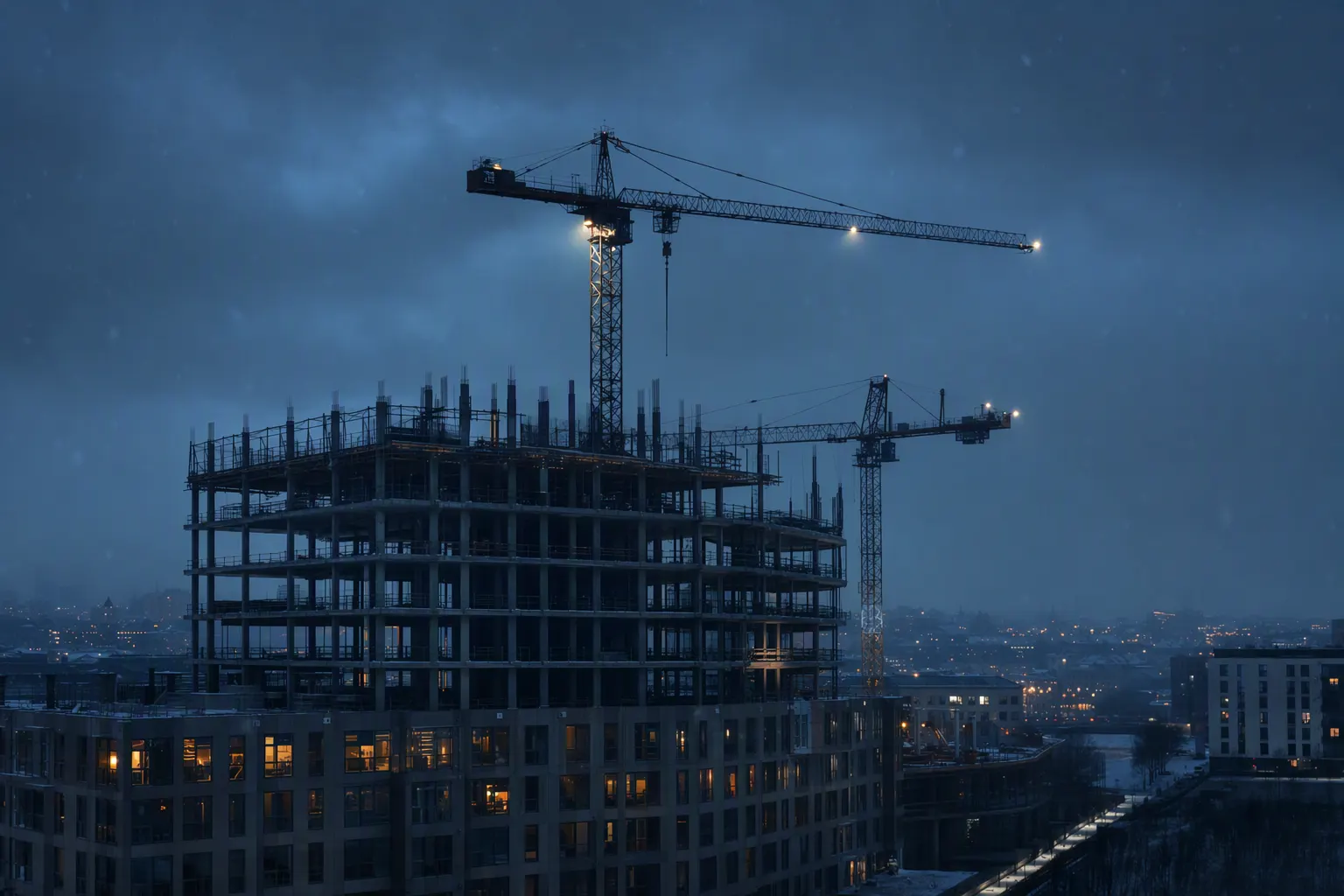 Residential construction site at dusk with tower cranes - the buildings QVINTOS engineers