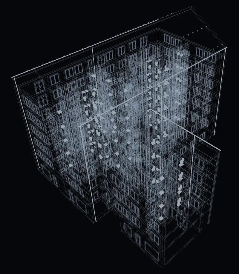 The architect’s IFC model of our demo project in an X-ray 3D view, all storeys, before any design by QVINTOS.