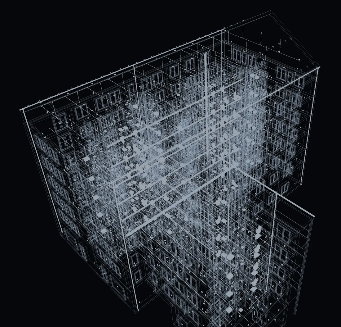 The federated building model in X-ray, with the architectural, sprinkler and electrical models loaded together.
