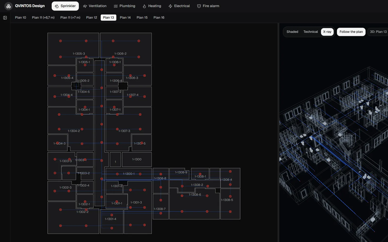 QVINTOS Design: the discipline tabs Sprinkler, Ventilation, Plumbing, Heating, Electrical and Fire alarm above a floor plan with sprinkler heads and pipes, beside an X-ray 3D view.