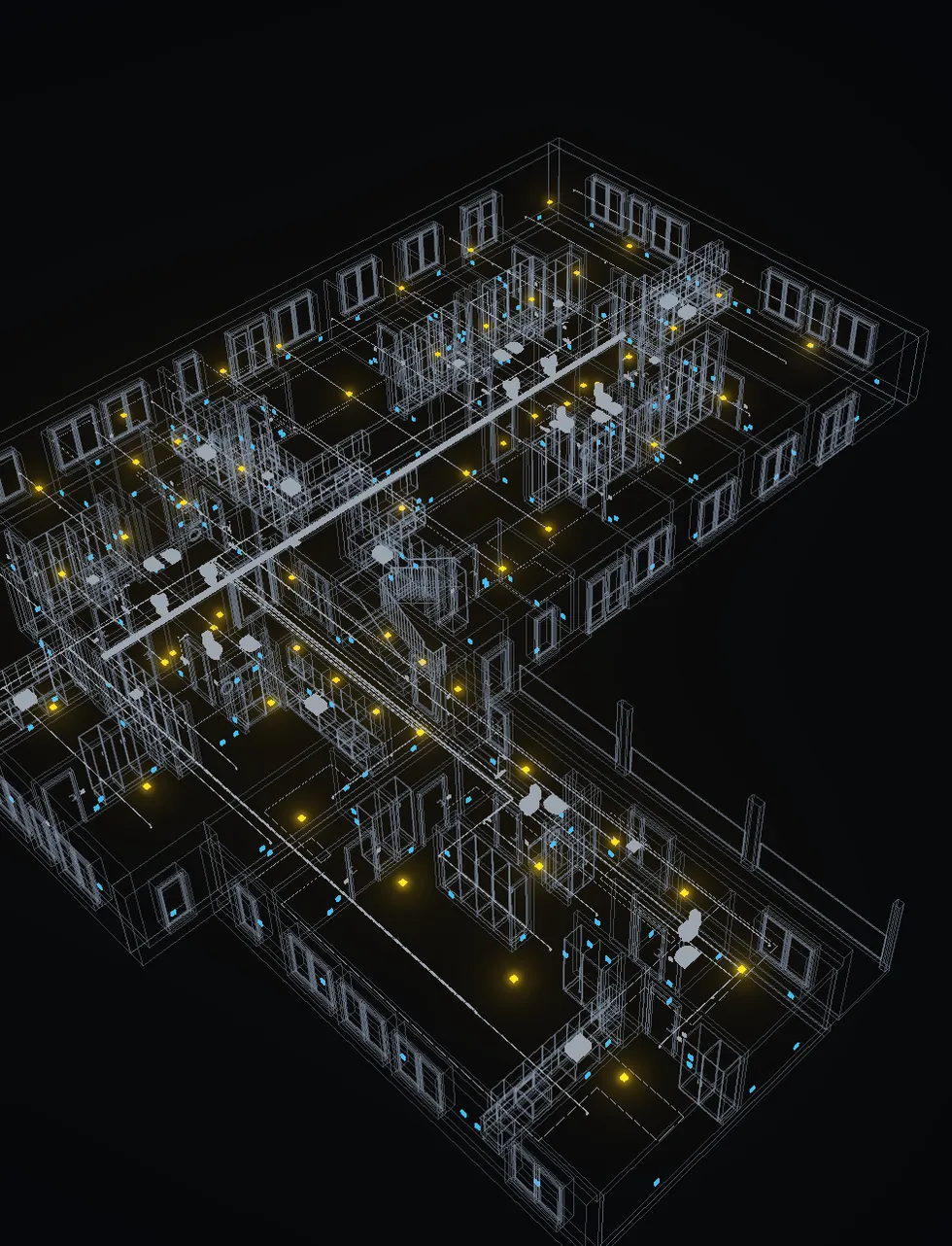 Electrical design: luminaires and outlets in an X-ray 3D view of one storey.