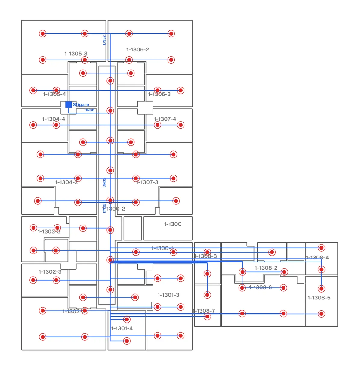 Sprinkler plan sheet S-RIT-105, drawing area: heads and branch pipes in every room, and the riser.