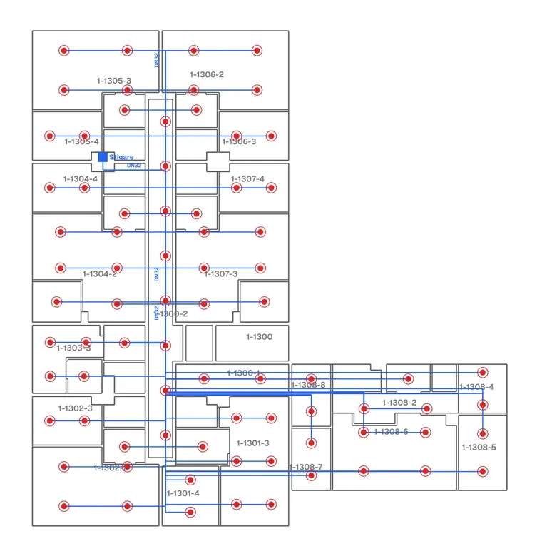 Drawing area of sprinkler plan sheet S-RIT-105: sprinkler heads and branch pipes in every room, and the riser.