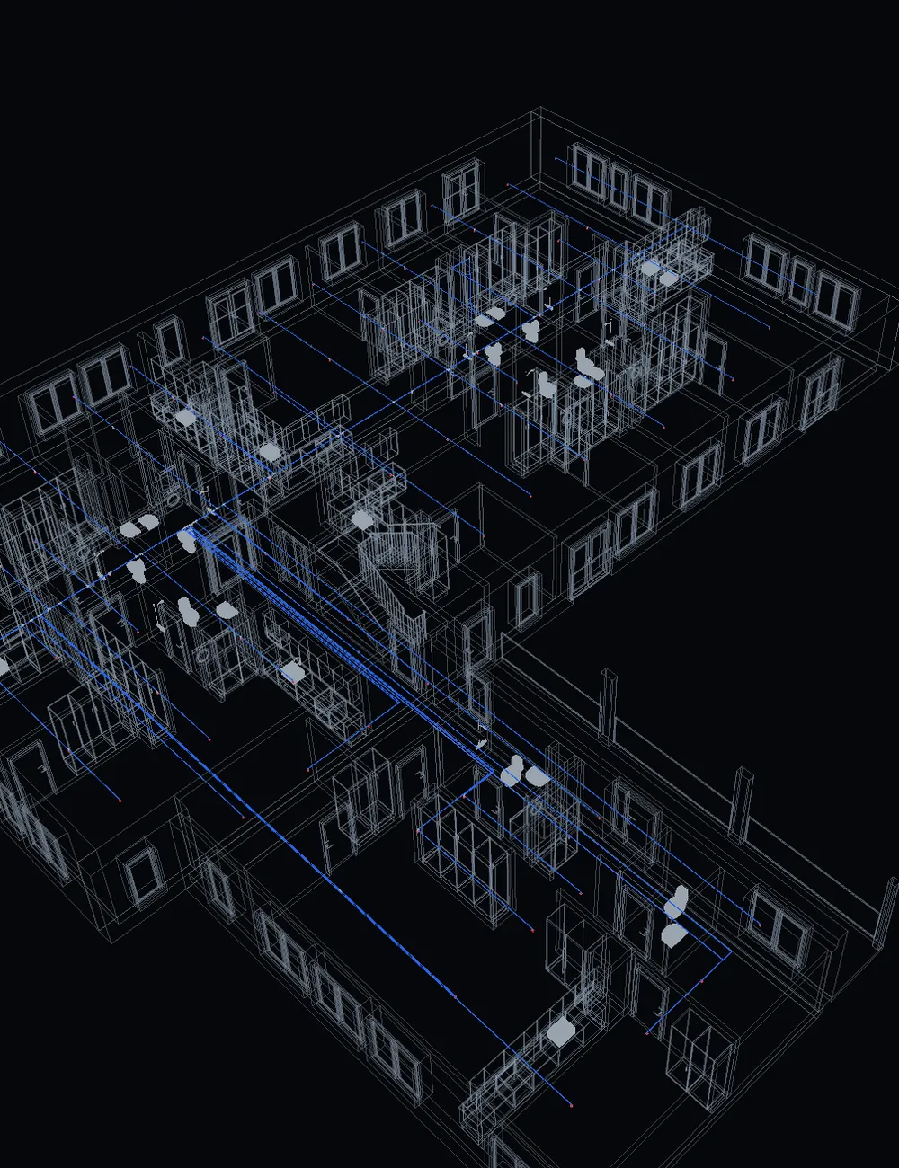Sprinkler pipes and heads in an X-ray 3D view of one storey.