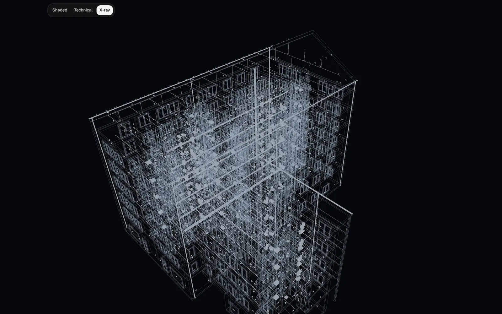 QVINTOS Coordinate: X-ray 3D view of the federated building, with the architectural, sprinkler and electrical models loaded together.
