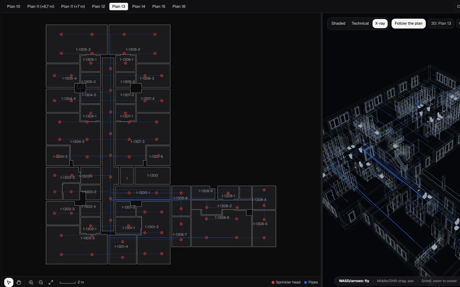QVINTOS Design, sprinkler: a floor plan with sprinkler heads and branch pipes in every room, beside an X-ray 3D view of the same storey.