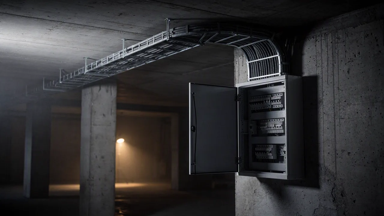 A galvanised cable ladder with combed cabling running into an open wall-mounted distribution board