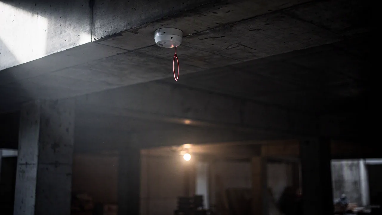 A single optical smoke detector on a concrete soffit with a slender red loop cable clipped to it