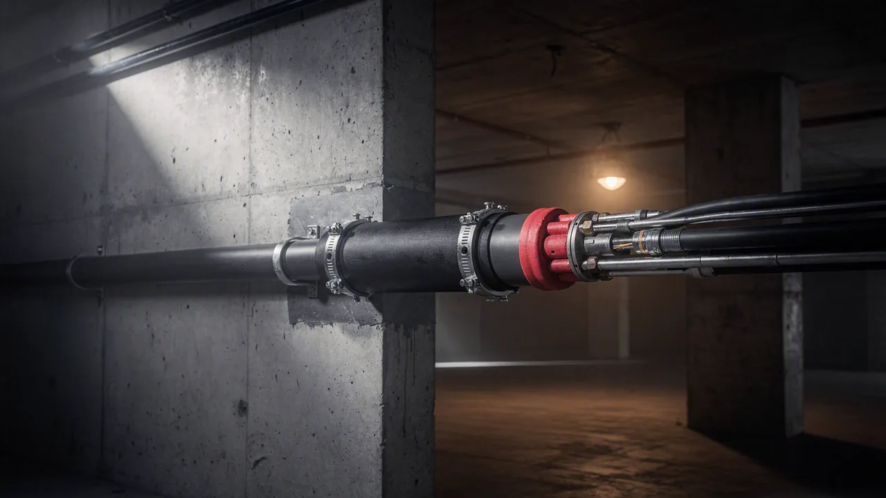 A pipe penetration through a concrete wall sealed with an intumescent collar and firestop sealant