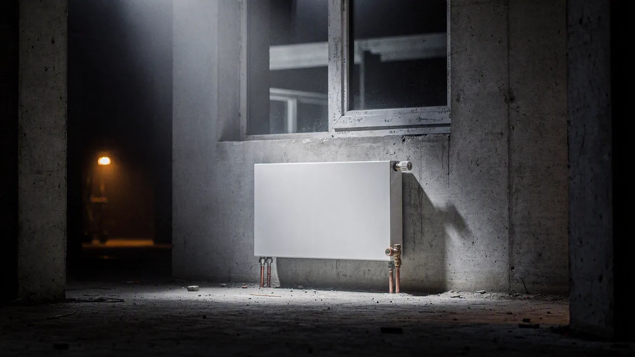 A white steel panel radiator under a tall window opening in an unfinished concrete room