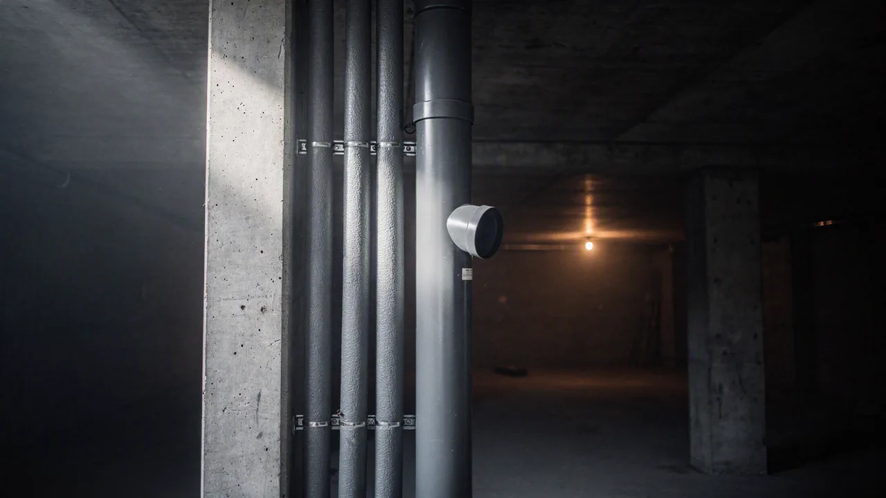 Insulated domestic water pipes running beside a grey soil stack inside a narrow service shaft