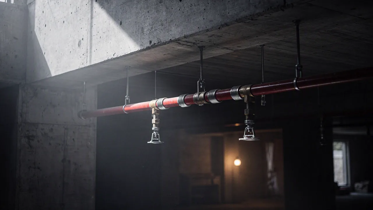 A red sprinkler main on threaded-rod hangers under a concrete soffit, with branch lines dropping to pendent heads