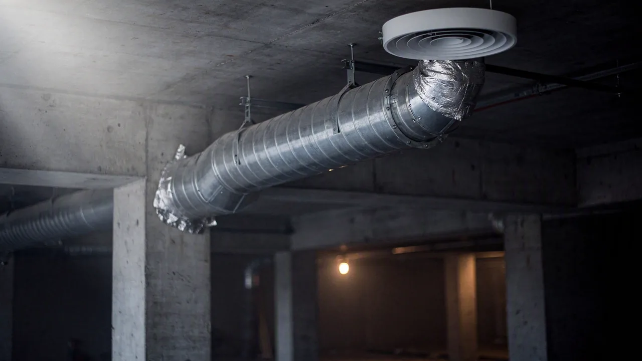 A spiral galvanised ventilation duct with a branch take-off running to a round ceiling supply diffuser