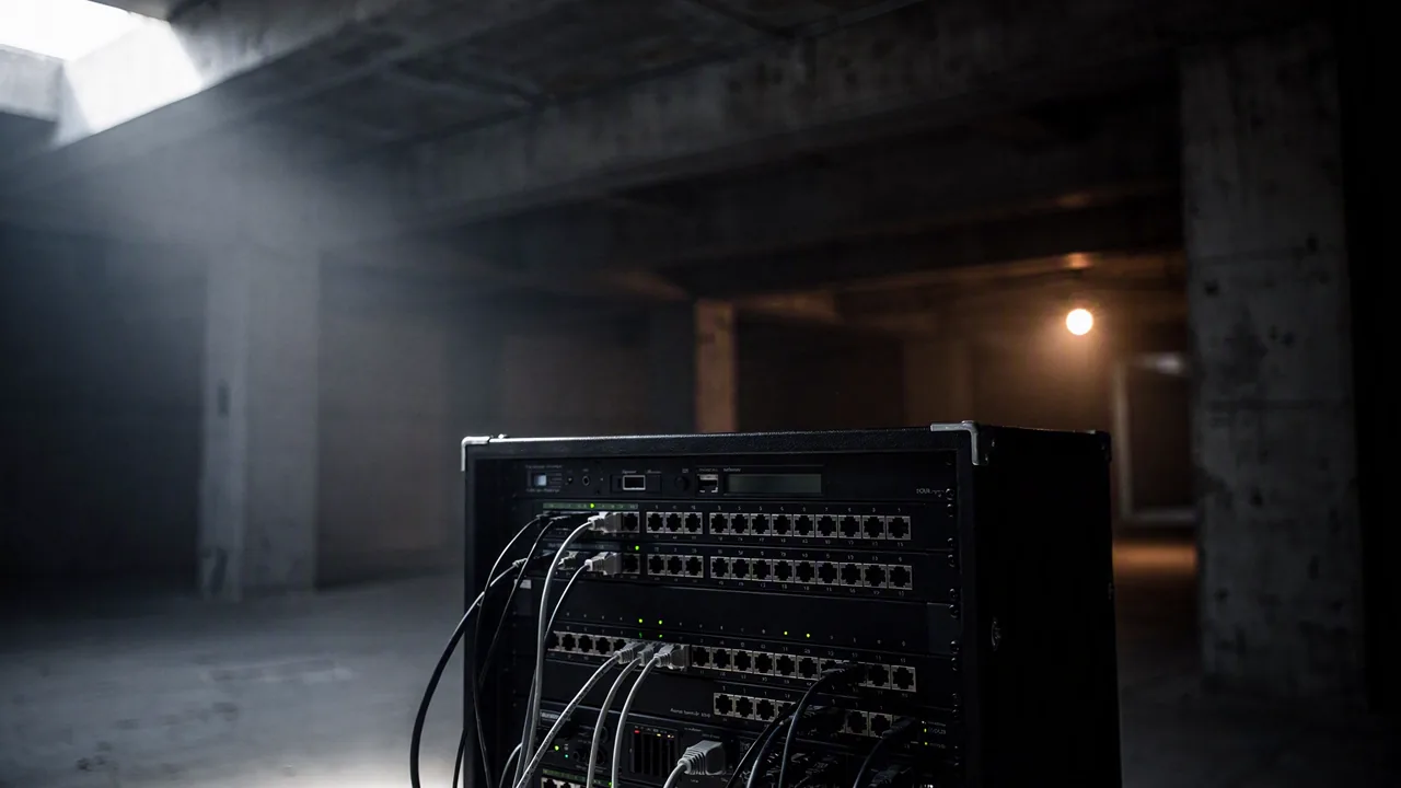 A dark equipment rack with network patch ports