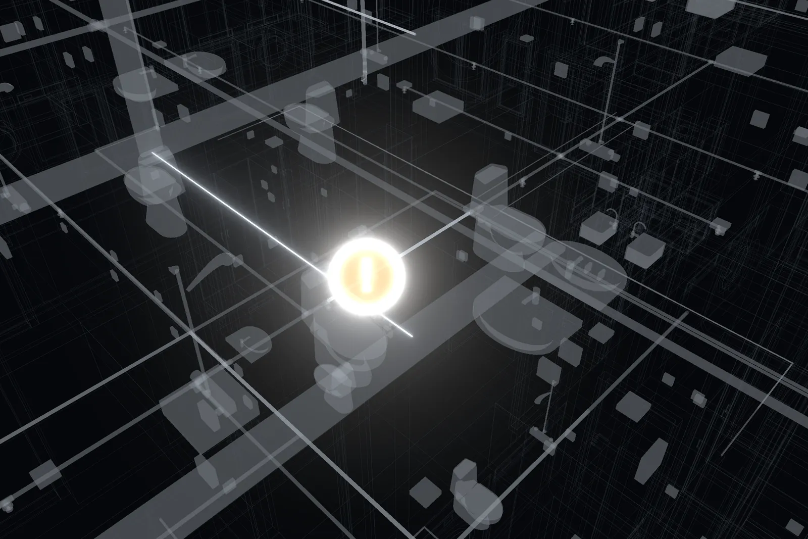 QVINTOS Coordinate, a detected clash in the X-ray 3D view: a sprinkler pipe from the sprinkler model crossing an emergency luminaire from the electrical model, both highlighted, with the clash marker where they meet.