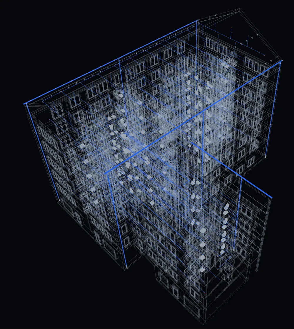 The same model, same view, with the sprinkler system designed in by QVINTOS Design: risers, mains and branch pipes through every storey.