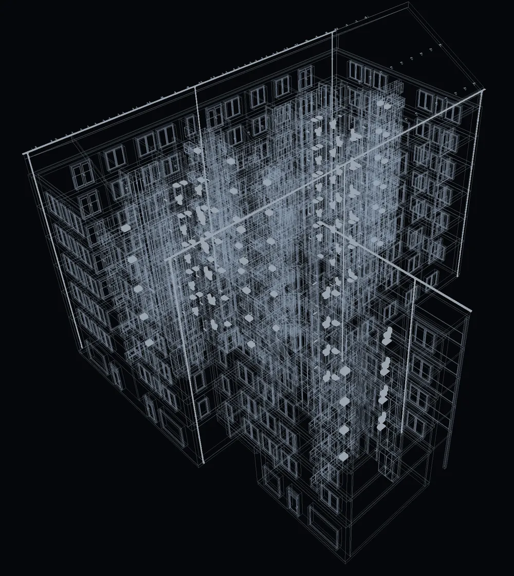 The architect’s IFC model of our demo project in an X-ray 3D view, before any design by QVINTOS.