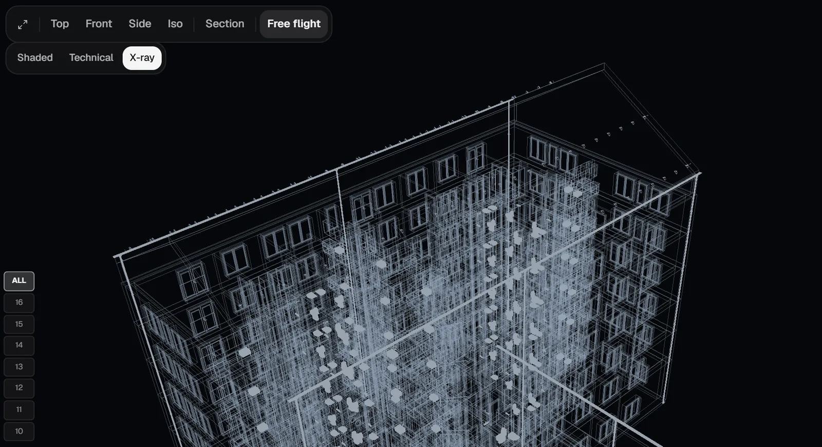 QVINTOS Coordinate, model review: the architect’s model in an X-ray 3D view with view presets and the storey rail.